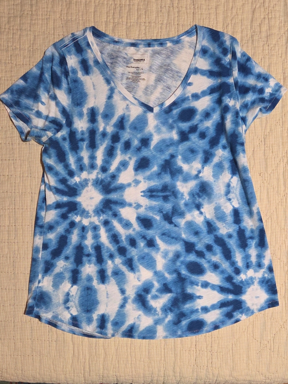 Sonoma Women's L Blue & White Tie-Dye V-Neck Tee